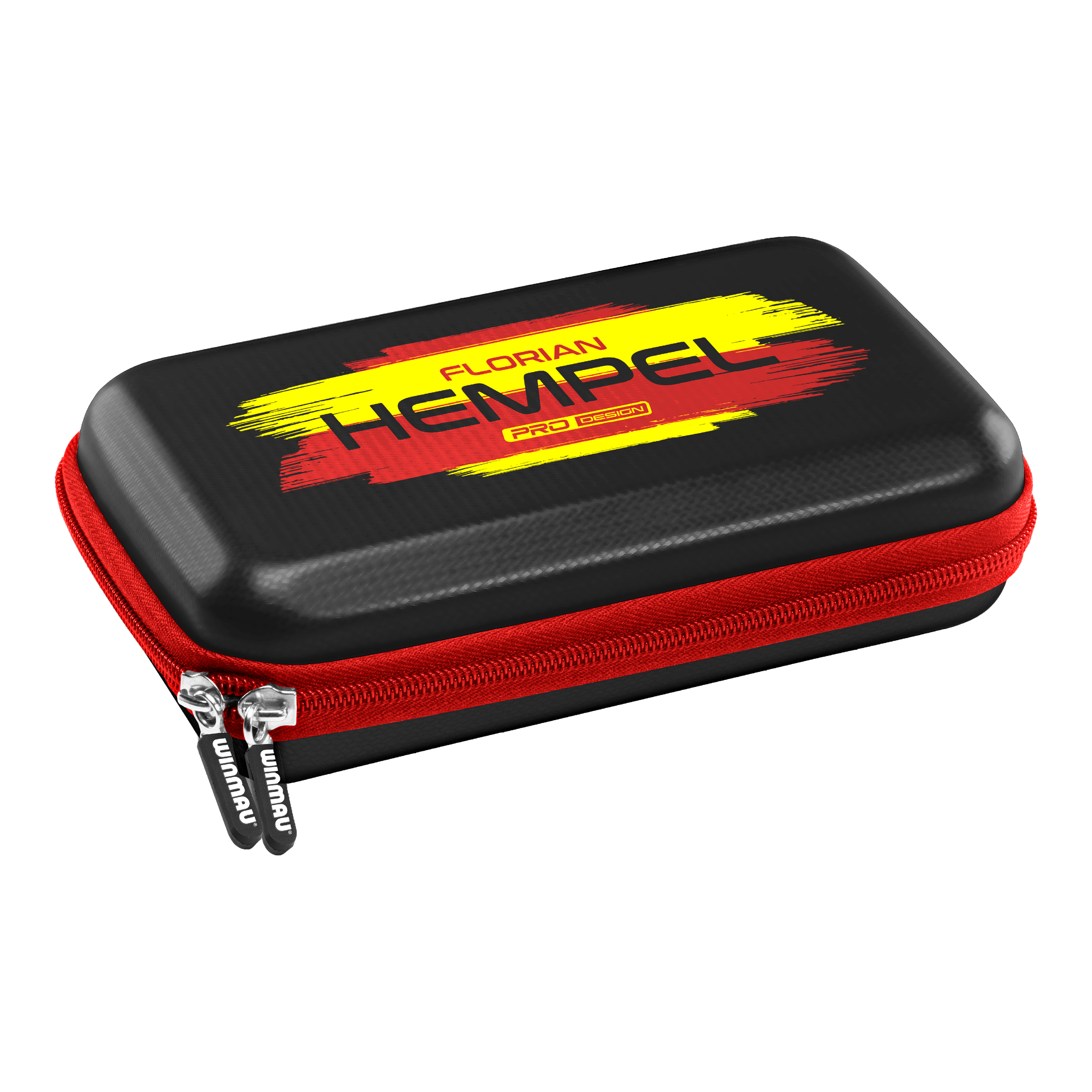 Das Bild zeigt das Winmau Florian Hempel Tour Edition Dartcase. Das Etui ist schwarz mit einem roten Reißverschluss und einem gelb-roten Aufdruck.